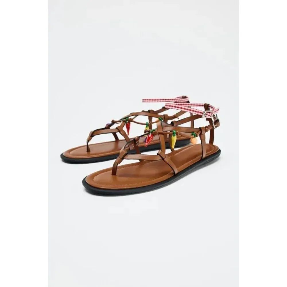 Zara Womens Strappy Sandals EU 41 US 10 Brown Fruit Charms 1607/610 NWT